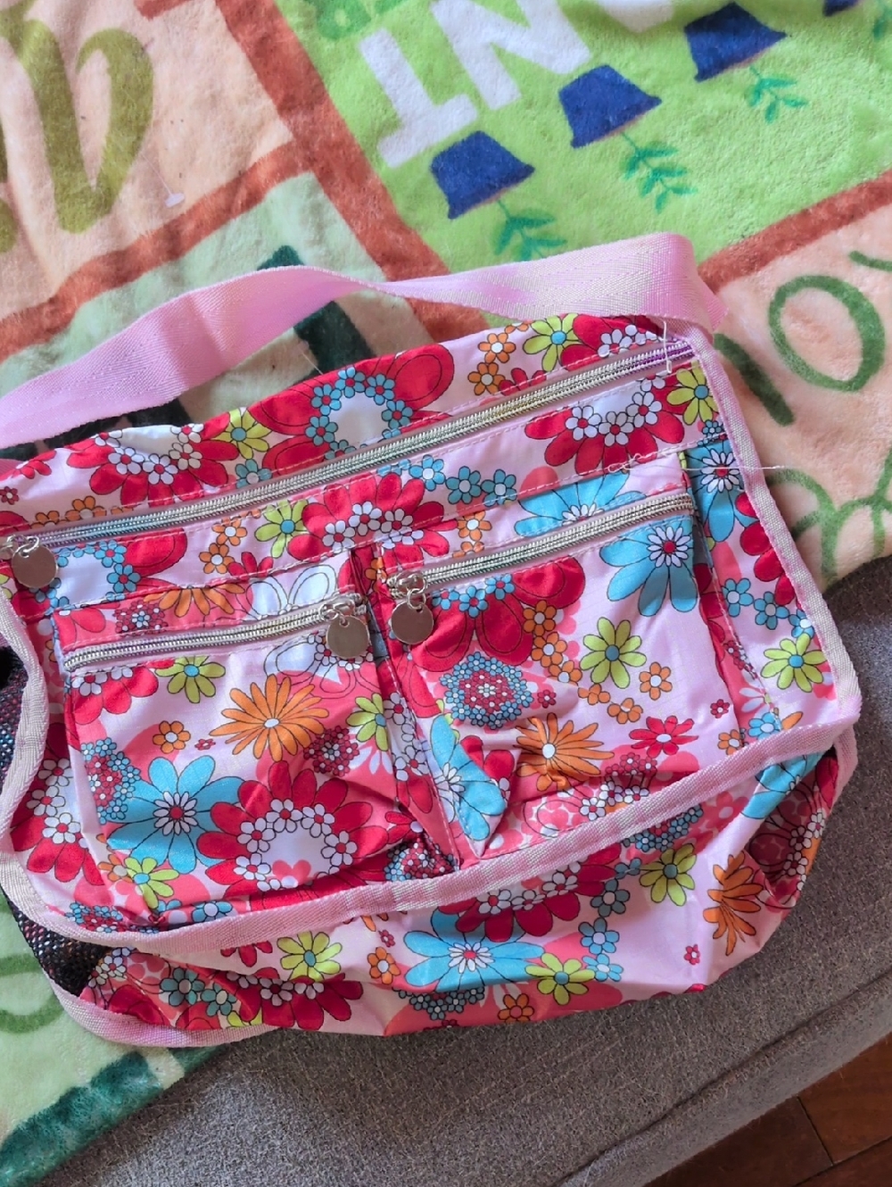 Pink Floral Crossbody Bag with Multiple Zip Pockets